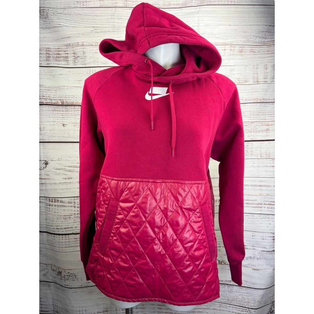 Nike Sportswear NSW Quilted Mixed Media Hoodie Berry Pink Embroidered Logo Small - Picture 2 of 11